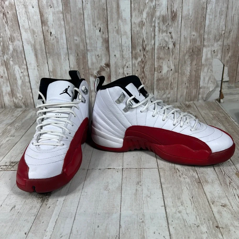 Jordan 12 Retro Cherry White Red Black Kids Sneakers 153265-116 Size 5.5Y